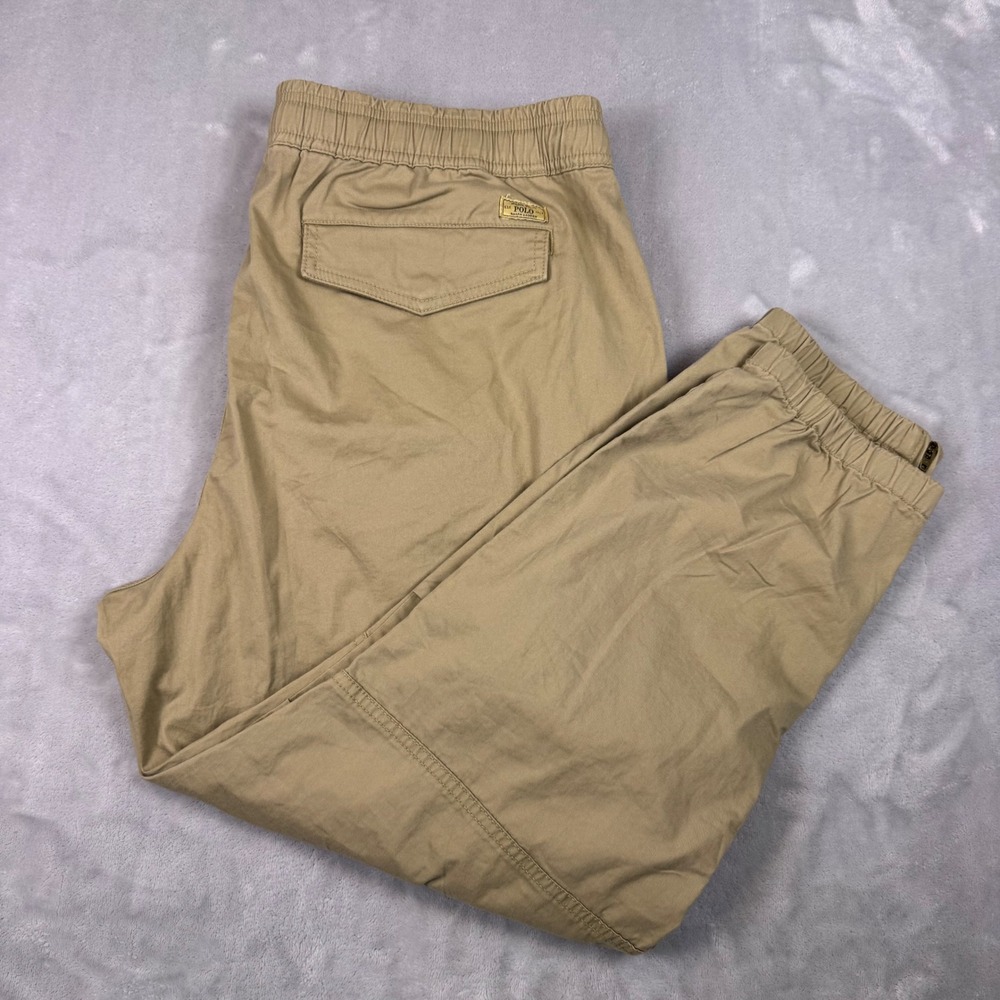 Polo Ralph Lauren Mens Tan Khaki Cargo Jogger Pants Size Large Elastic Waist Zip